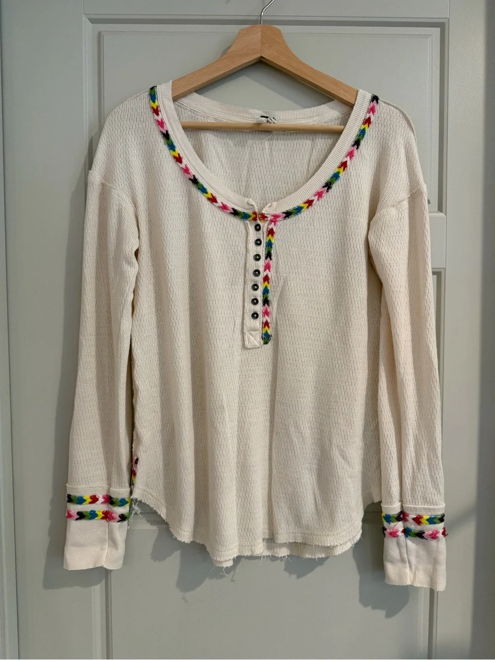 We The Free Cream Waffle Knit Top with Multicolor‎ Trim